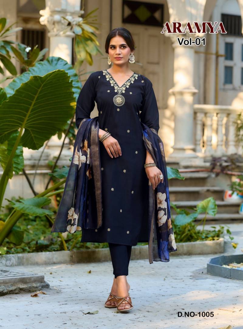 Aramya Vol 1 By Diya Trends Roman Silk Embroidery Kurti Pant And Dupatta
