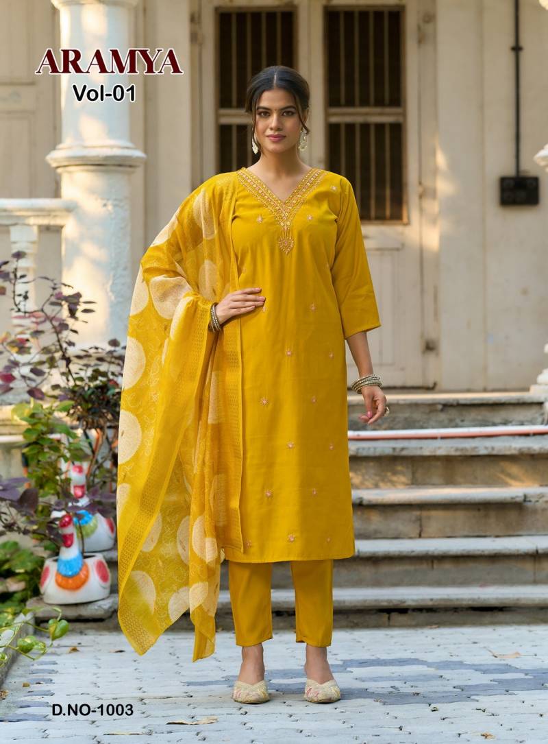 Aramya Vol 1 By Diya Trends Roman Silk Embroidery Kurti Pant And Dupatta