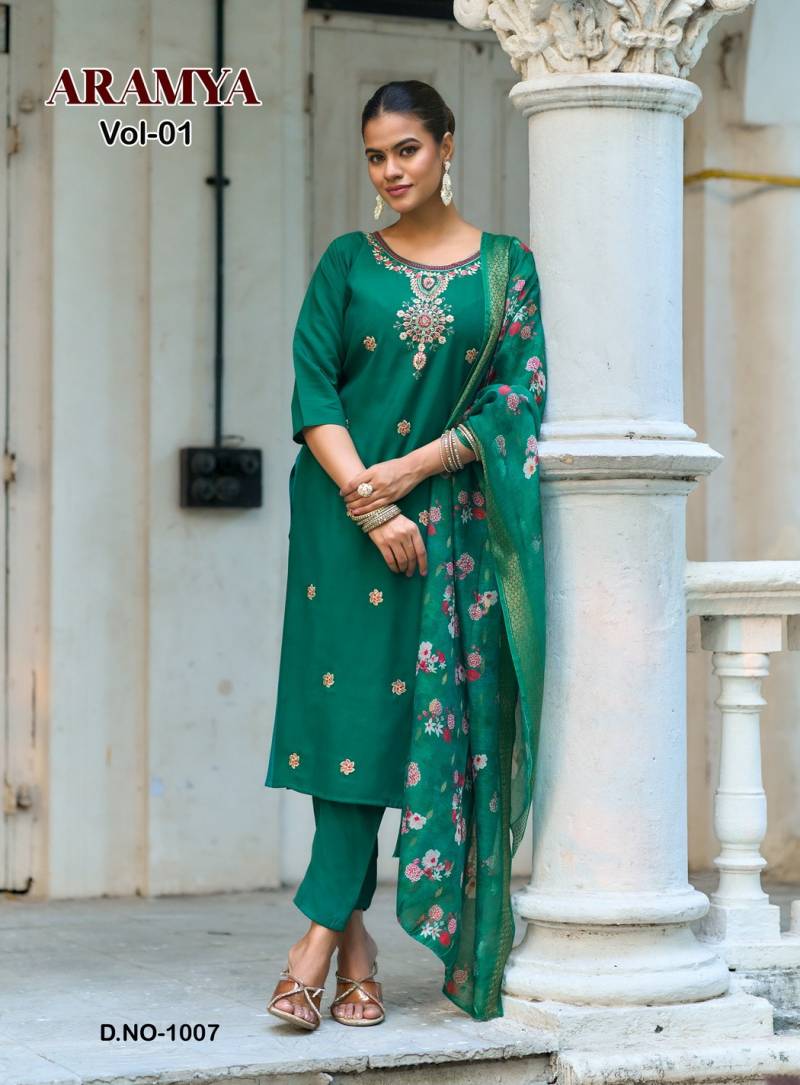 Aramya Vol 1 By Diya Trends Roman Silk Embroidery Kurti Pant And Dupatta