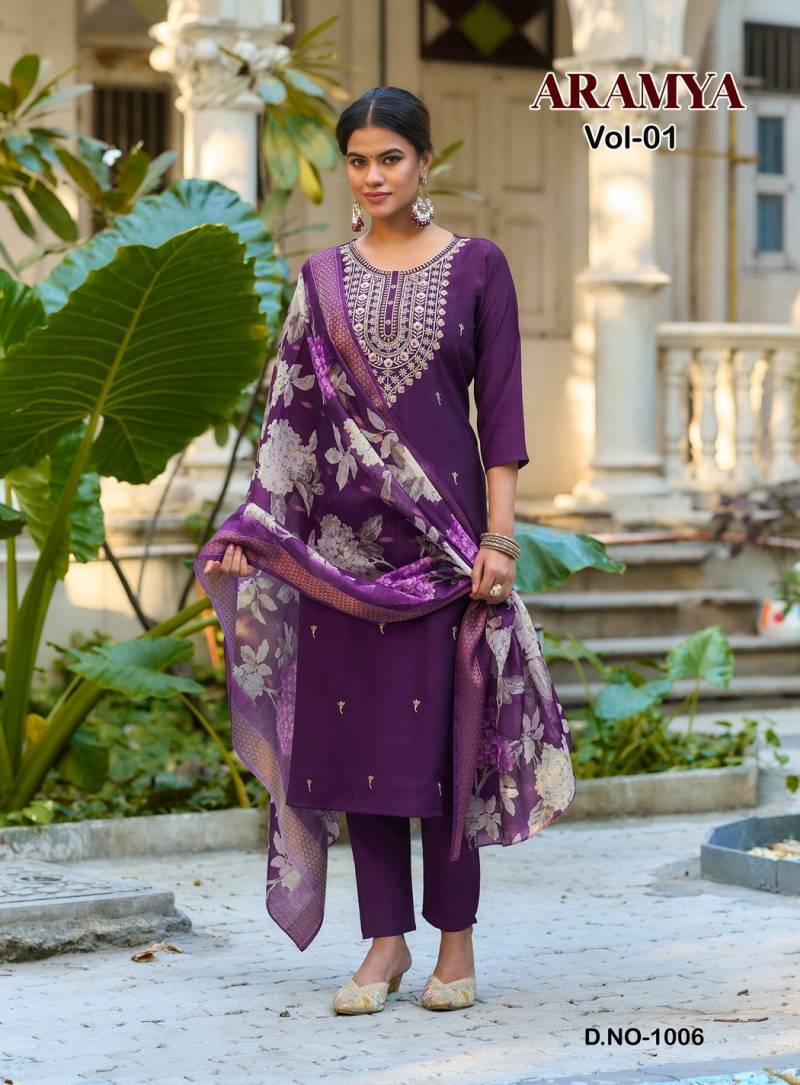Aramya Vol 1 By Diya Trends Roman Silk Embroidery Kurti Pant And Dupatta