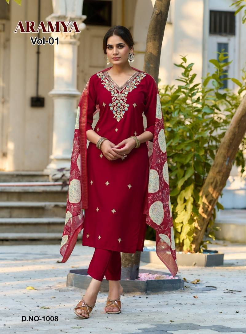 Aramya Vol 1 By Diya Trends Roman Silk Embroidery Kurti Pant And Dupatta