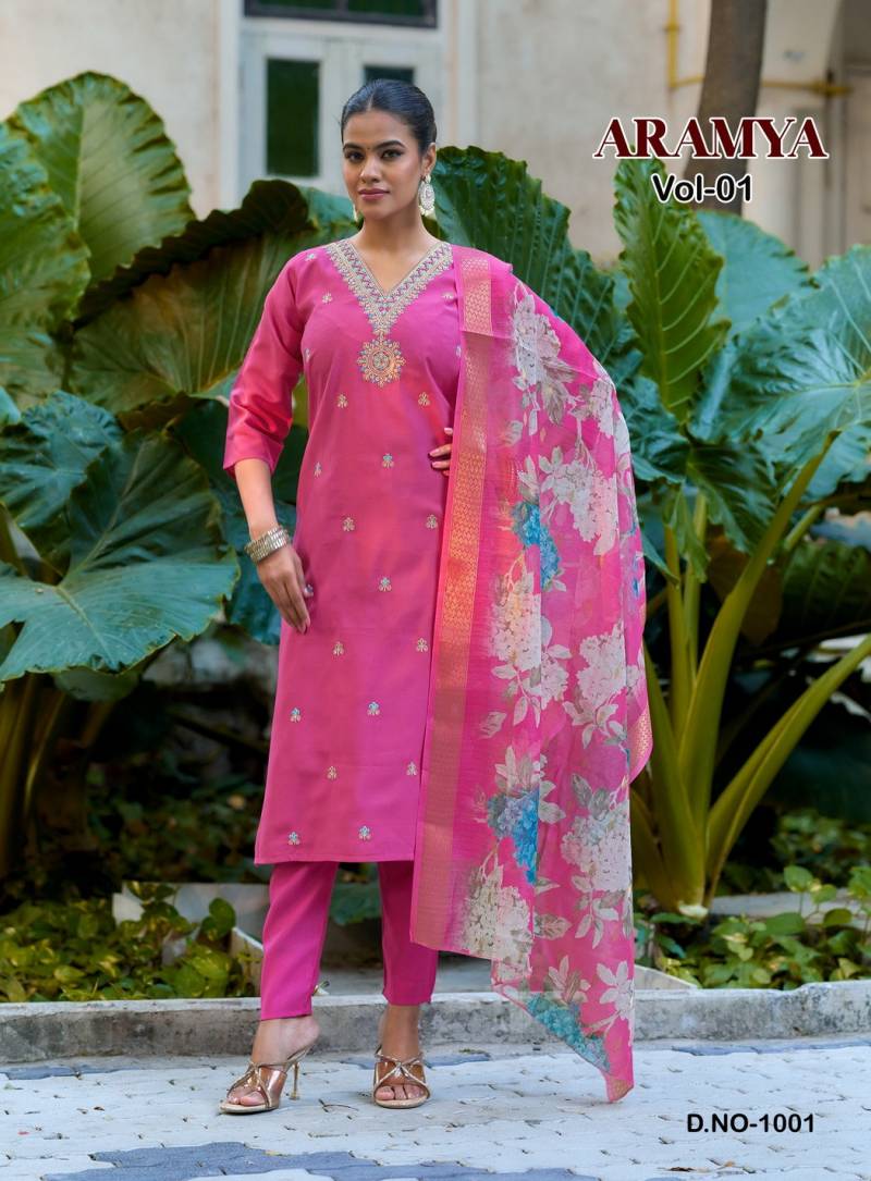 Aramya Vol 1 By Diya Trends Roman Silk Embroidery Kurti Pant And Dupatta