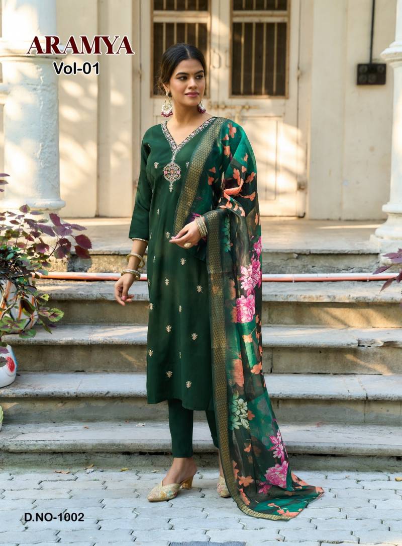 Aramya Vol 1 By Diya Trends Roman Silk Embroidery Kurti Pant And Dupatta