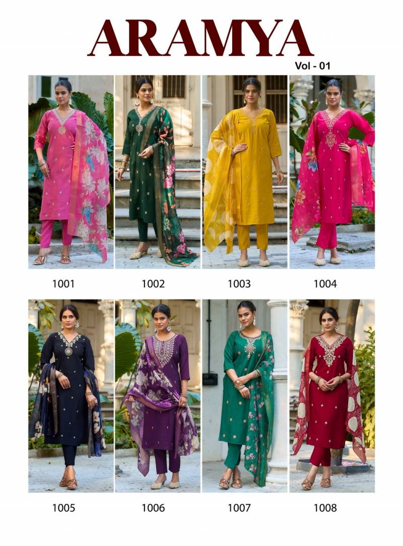 Aramya Vol 1 By Diya Trends Roman Silk Embroidery Kurti Pant And Dupatta