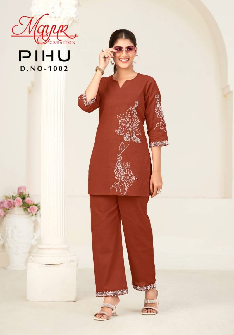 Mayur Pihu Vol 1 Cotton Embroidery Thread Worked Co Ord Set Collection