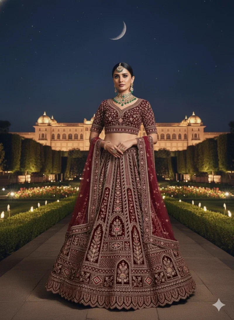 Kmf 001 Velvet Emboidery Worked Bridal Designer Lehenga Choli