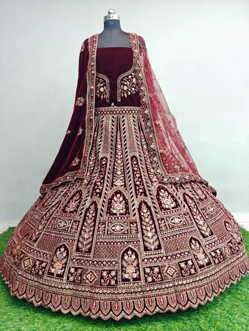 Kmf 001 Velvet Emboidery Worked Bridal Designer Lehenga Choli