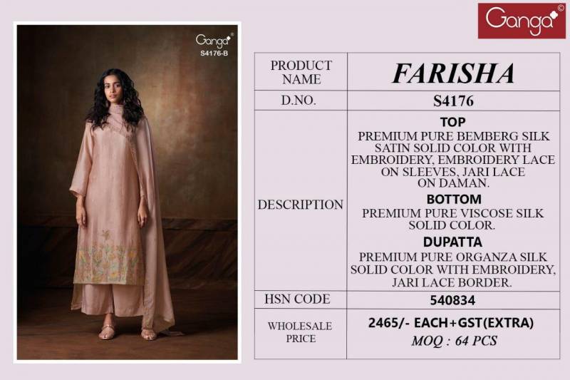 Ganga Farisha 4176 Bemberg Silk Embroidery And Jari Salwar Kameez