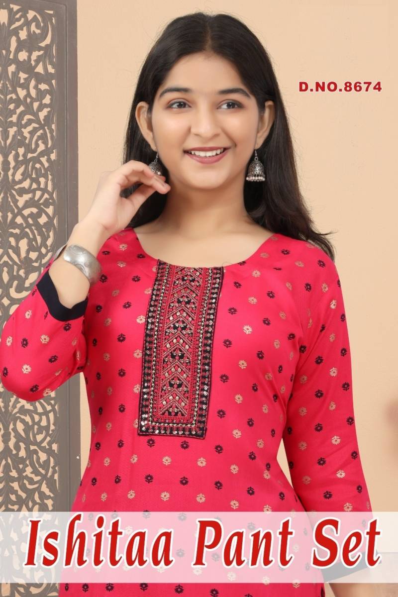 Ishitaa Pant Set 8674 Rayon Printed Kurti Pant And Dupatta