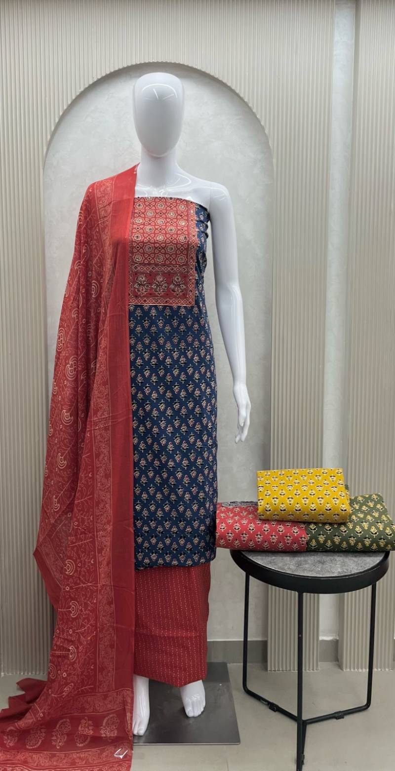 Naisha Colour Set 2 Cotton Ajrakh Print Work Dress Material Collection