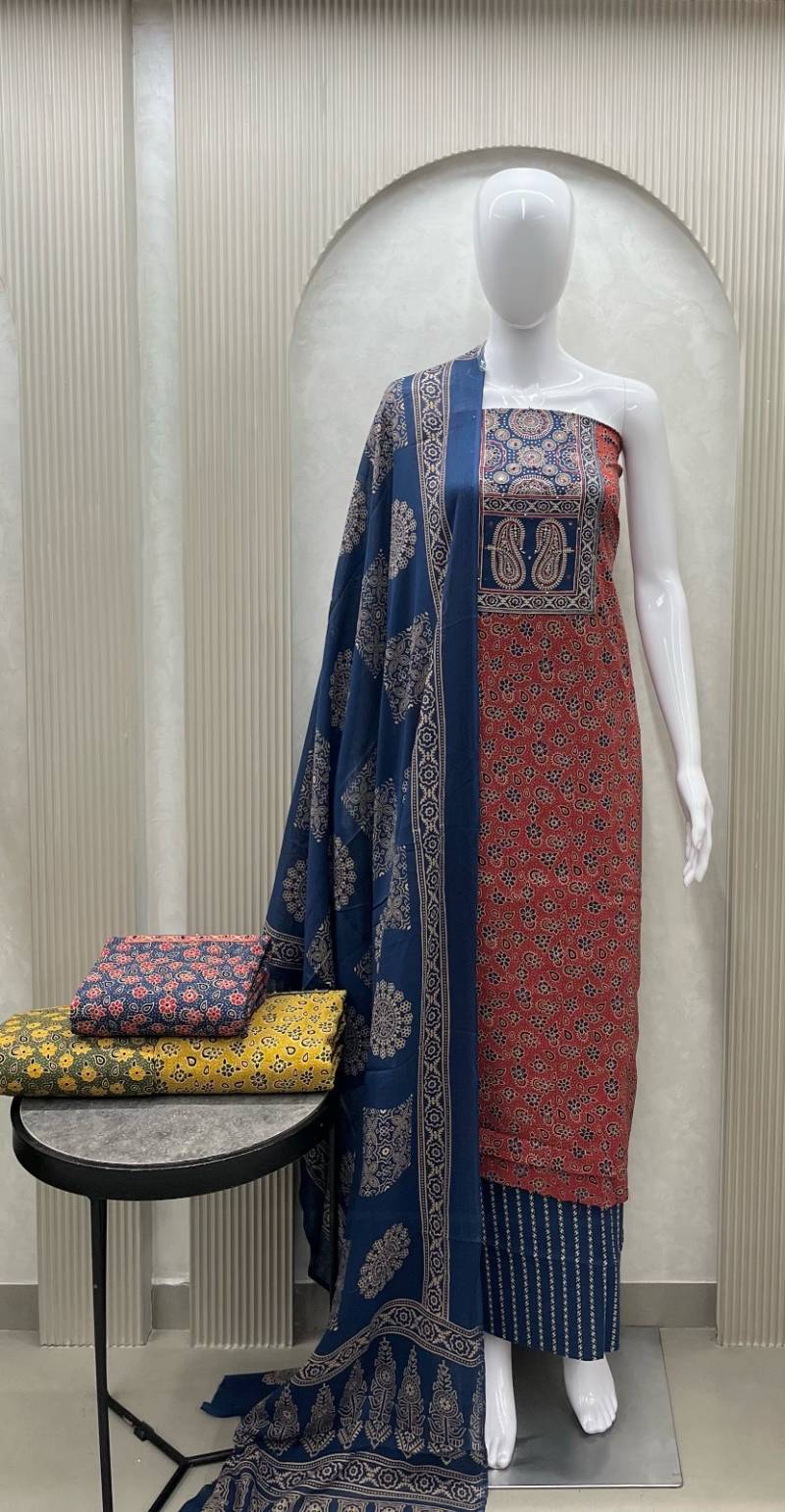 Naisha Colour Set 2 Cotton Ajrakh Print Work Dress Material Collection