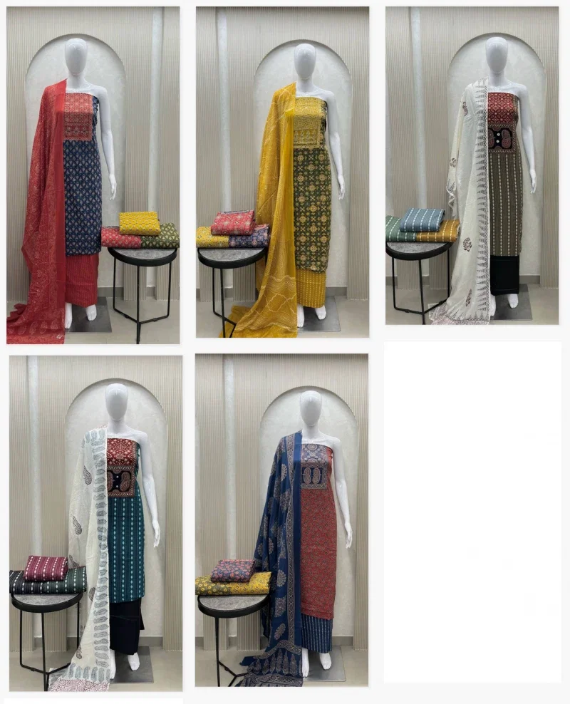 Naisha Colour Set 2 Cotton Ajrakh Print Work Dress Material Collection