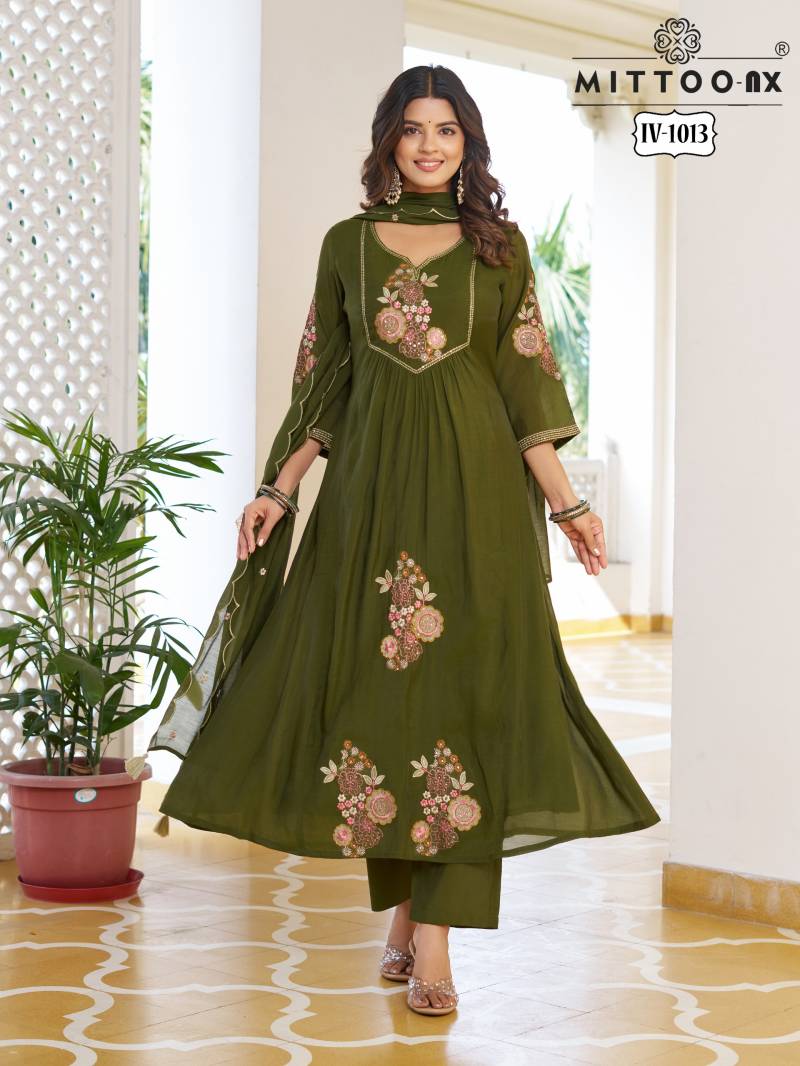Mittoo Iv 1012 And 1013 Mul Chanderi Silk Threadwork Kurti Pant And Dupatta