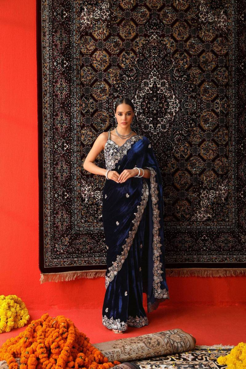 Bt 3143 Velvet Designer Sequence And Jari Thread Worked Saree Collection