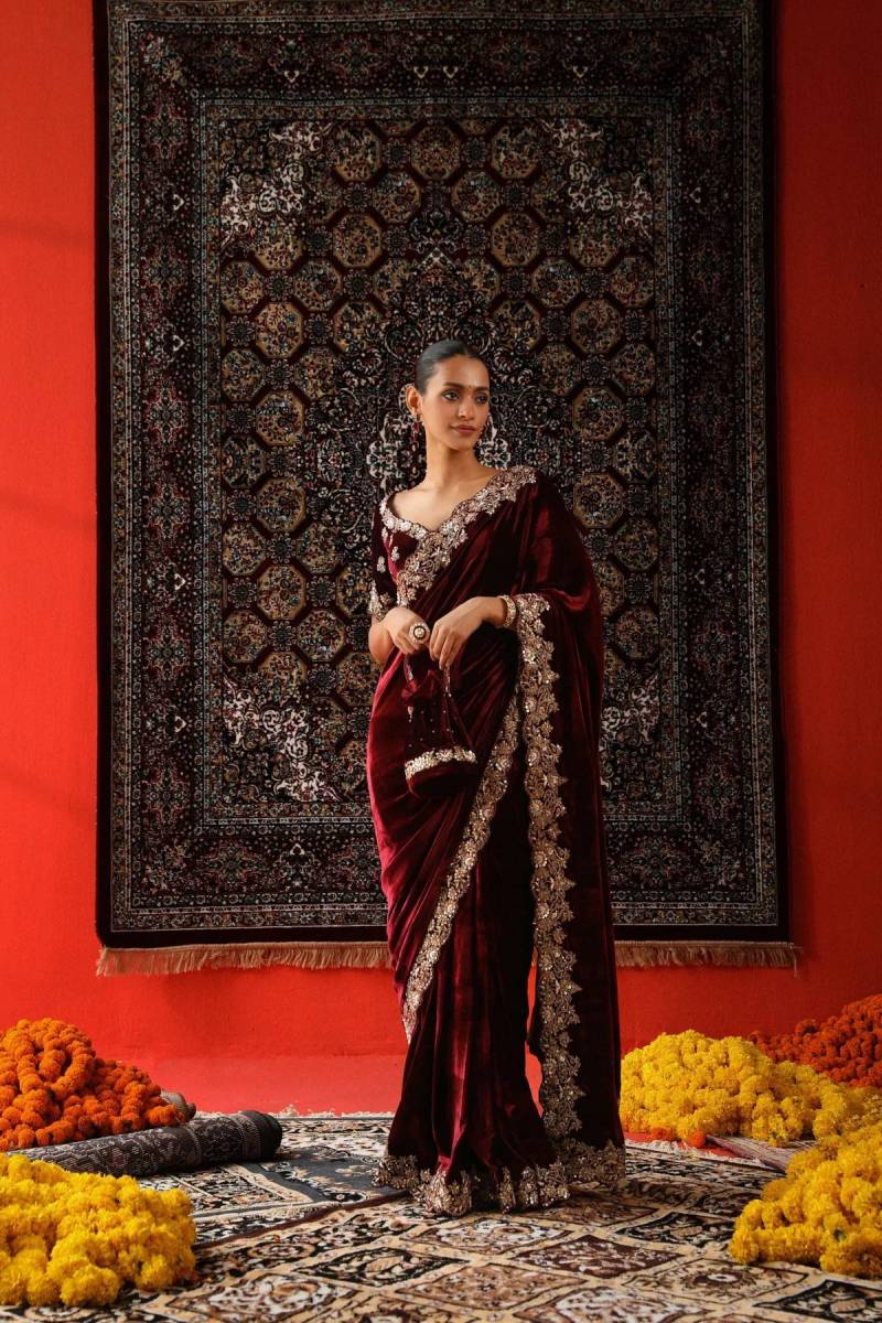 Bt 3143 Velvet Designer Sequence And Jari Thread Worked Saree Collection