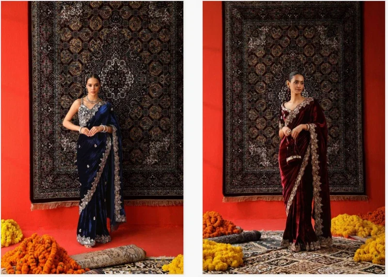Bt 3143 Velvet Designer Sequence And Jari Thread Worked Saree Collection