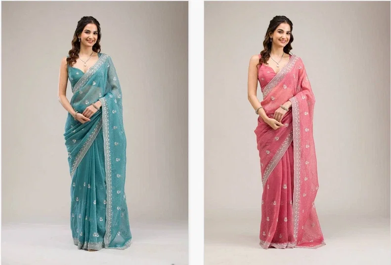 Bt 439 Crunchy Chiffon Diamond Worked Premium Saree Collection
