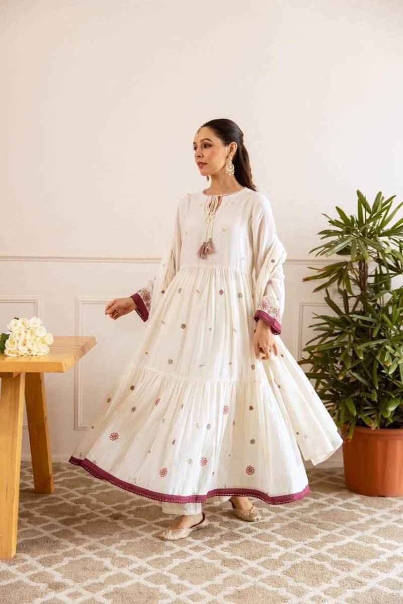 Naisha K 473 Mulmul Cotton Stylish Anarkali Top And Bottom Dupatta