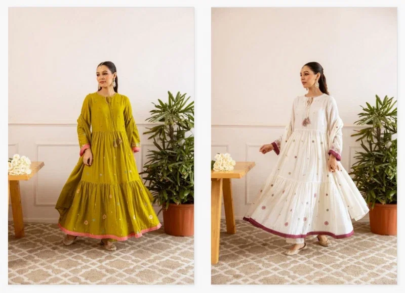 Naisha K 473 Mulmul Cotton Stylish Anarkali Top And Bottom Dupatta