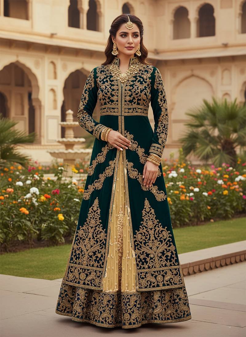 Kb Super Hit 4102 Velvet Embroidery Worked Beautiful Indo Western Collection