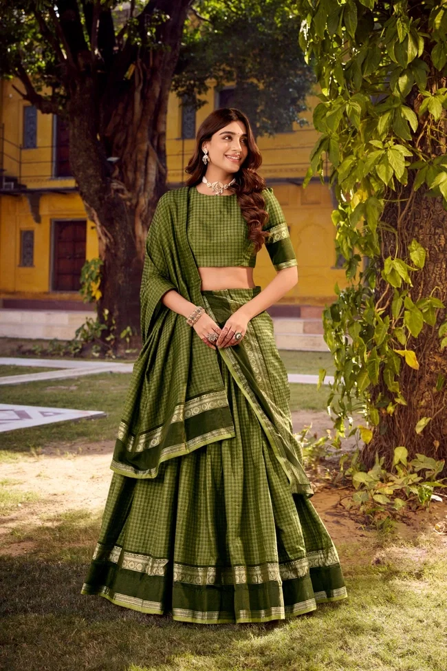 Lekha Yf 1900 Chettinad Cotton Chex With Zari Worked Lehenga Choli