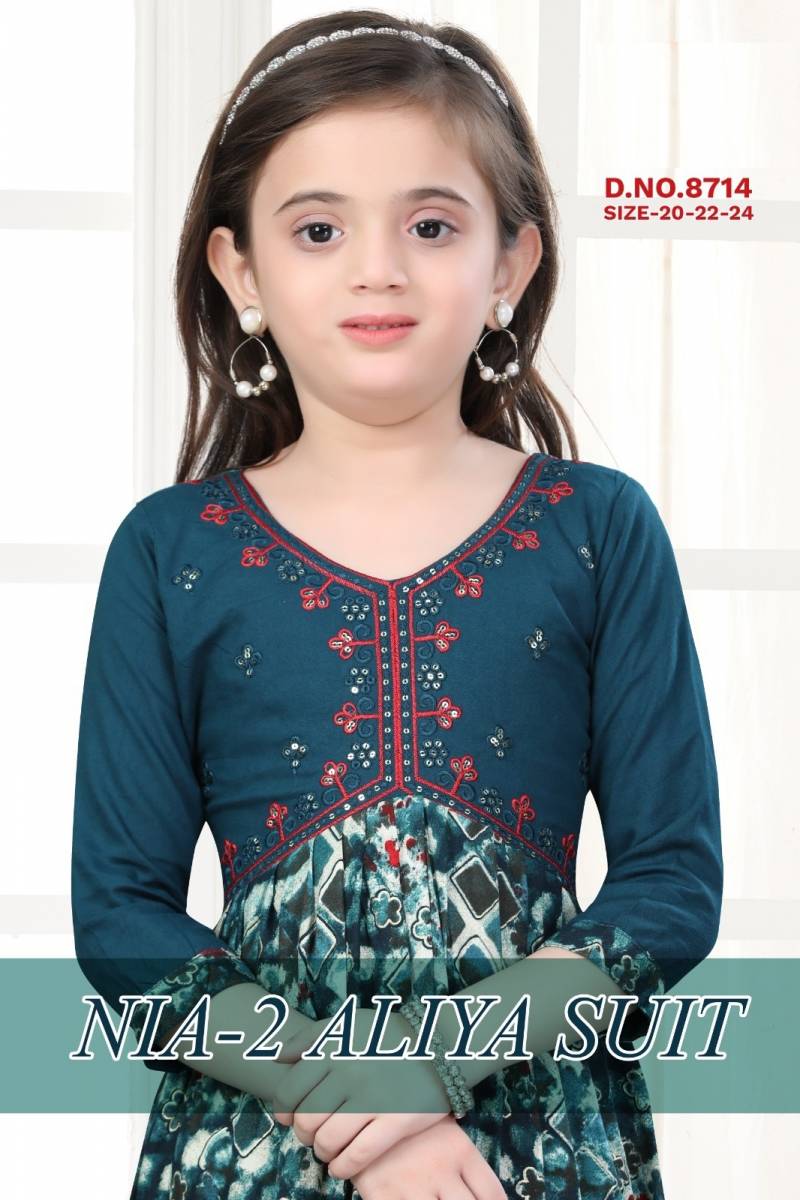 Nia Vol 2 Aliya Suit Rayon Printed Kids Wear Kurti Pant And Dupatta