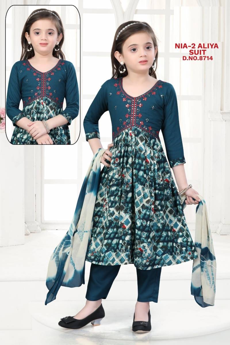 Nia Vol 2 Aliya Suit Rayon Printed Kids Wear Kurti Pant And Dupatta