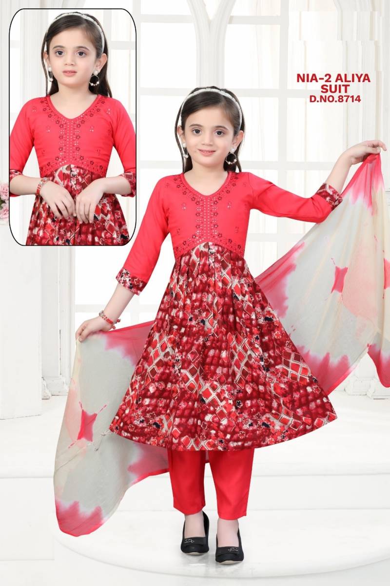 Nia Vol 2 Aliya Suit Rayon Printed Kids Wear Kurti Pant And Dupatta