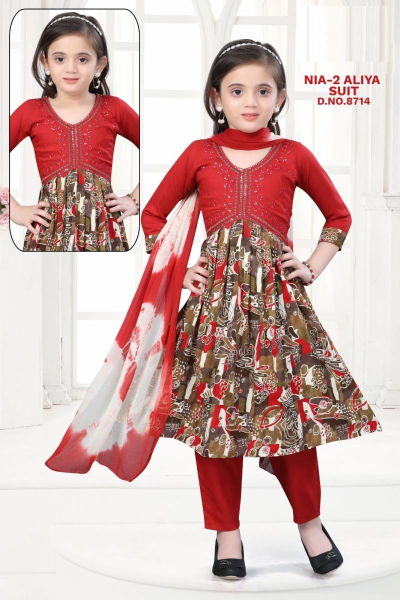 Nia Vol 2 Aliya Suit Rayon Printed Kids Wear Kurti Pant And Dupatta