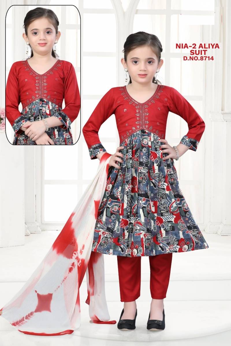 Nia Vol 2 Aliya Suit Rayon Printed Kids Wear Kurti Pant And Dupatta
