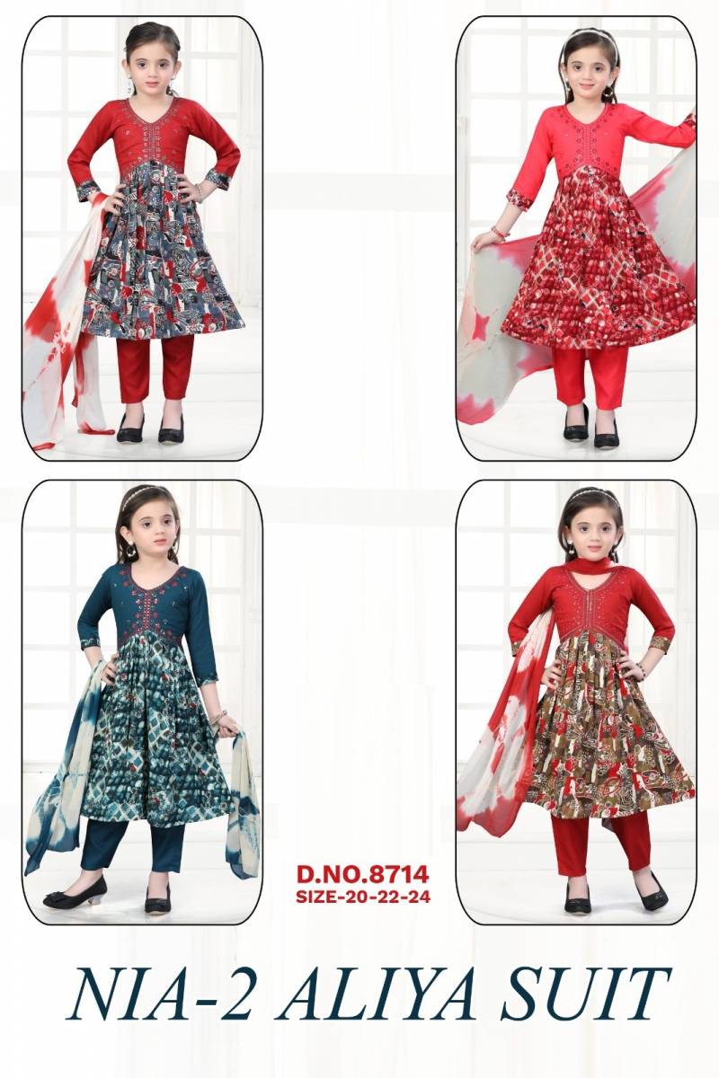 Nia Vol 2 Aliya Suit Rayon Printed Kids Wear Kurti Pant And Dupatta
