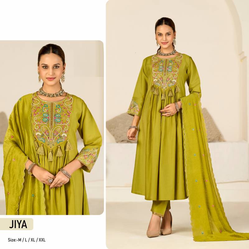 Jiya Viscose Shimmer Embroidery Work Kurti Pant And Dupatta Collection