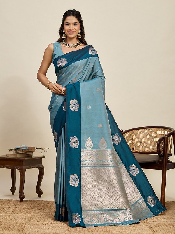 Maahi 208 Party Wear Silver and Gold Zari Weaving Worked Banarasi Silk Saree with Unstitched blouse