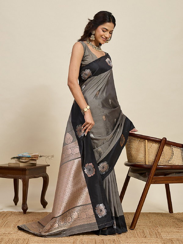 Maahi 208 Party Wear Silver and Gold Zari Weaving Worked Banarasi Silk Saree with Unstitched blouse