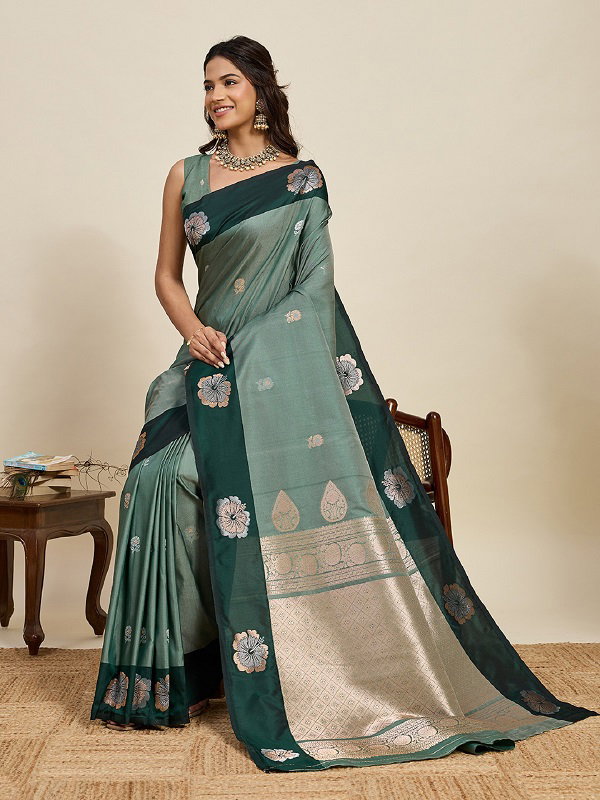 Maahi 208 Party Wear Silver and Gold Zari Weaving Worked Banarasi Silk Saree with Unstitched blouse
