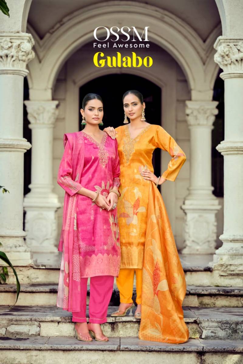Ossm Gulabo Jacqurd Simmer Silk Embroidery Kurti Pant And Dupatta