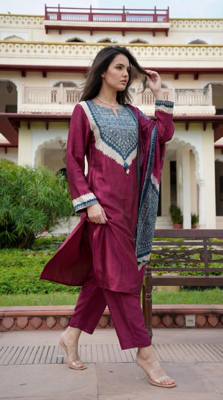 Naisha K 480 Gaji Silk Embroidery Work Kurti Pant And Dupatta