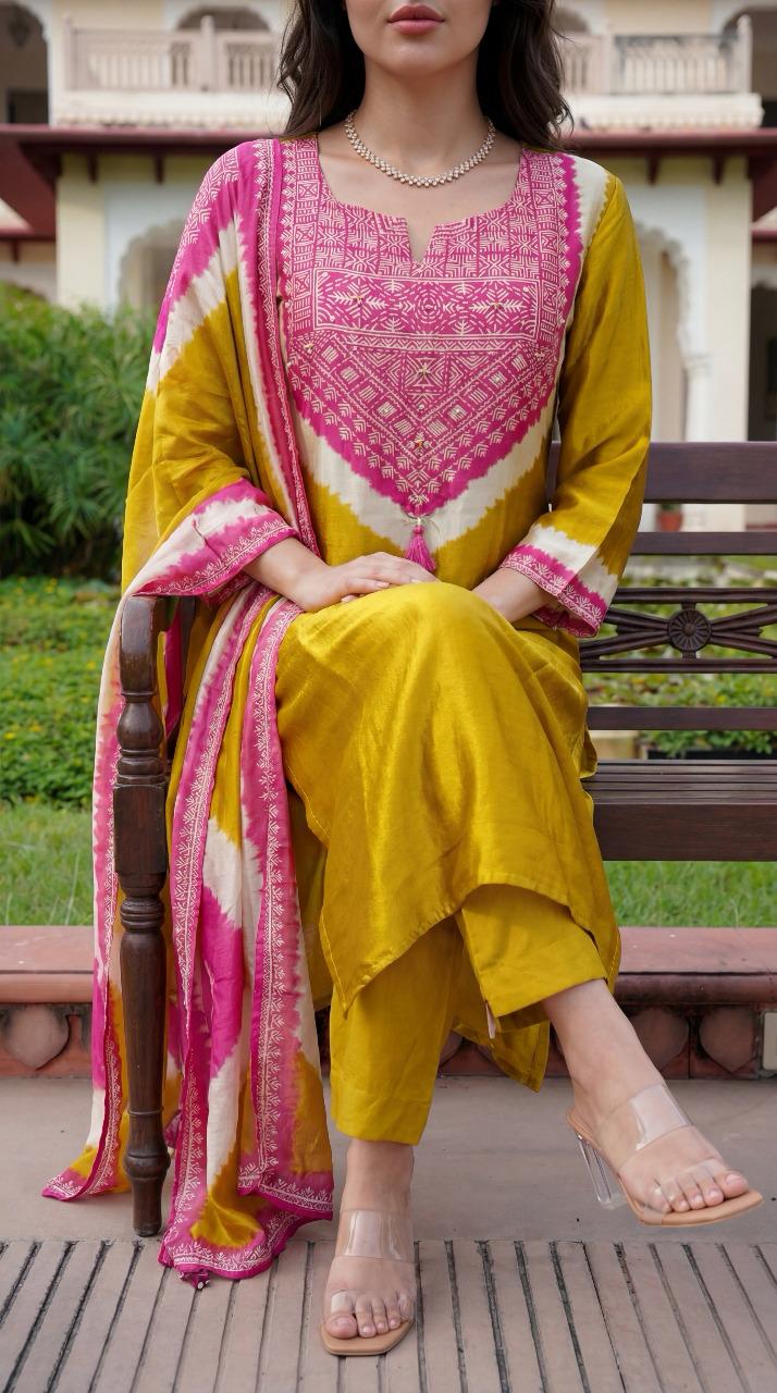 Naisha K 480 Gaji Silk Embroidery Work Kurti Pant And Dupatta
