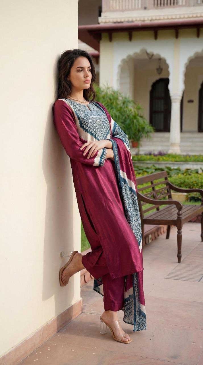 Naisha K 480 Gaji Silk Embroidery Work Kurti Pant And Dupatta