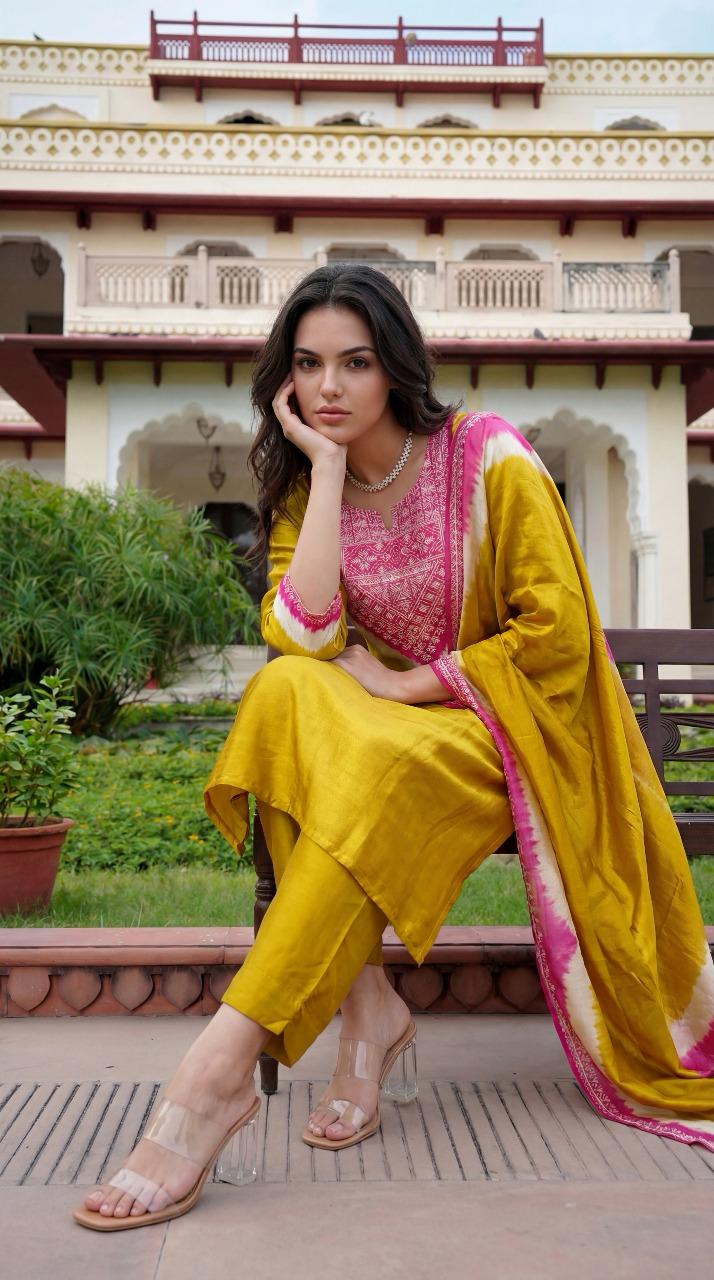 Naisha K 480 Gaji Silk Embroidery Work Kurti Pant And Dupatta