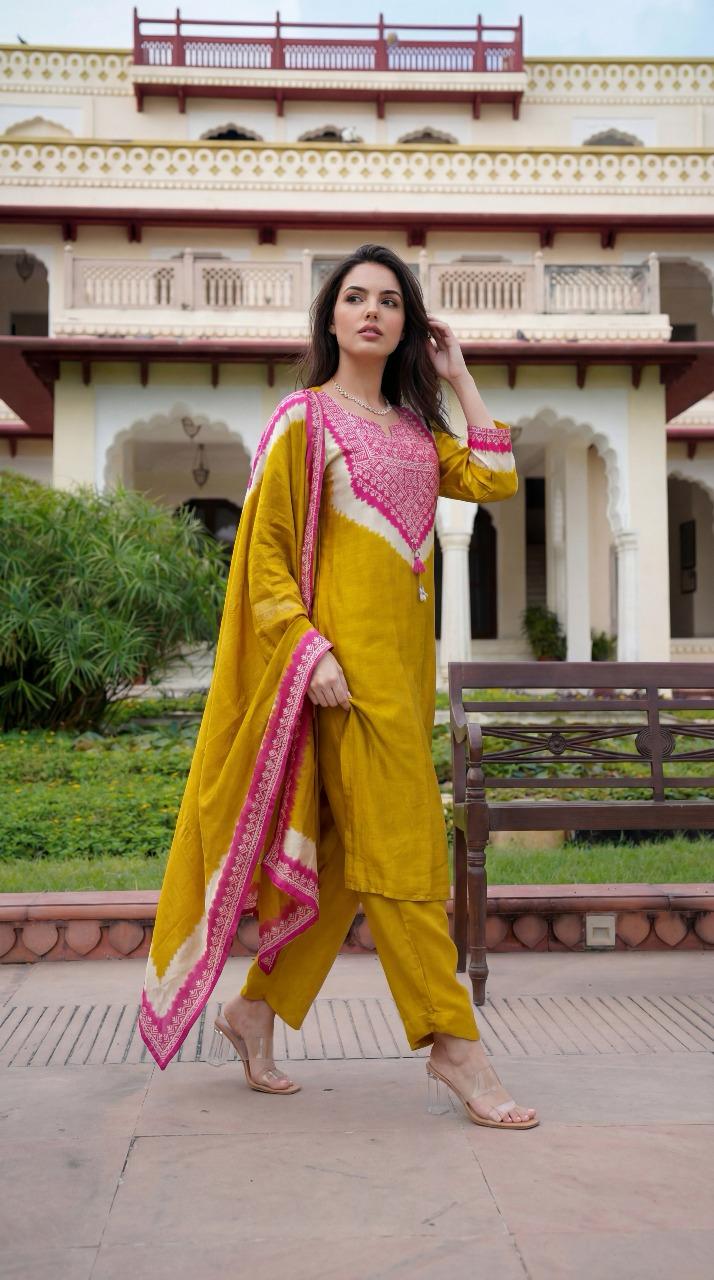 Naisha K 480 Gaji Silk Embroidery Work Kurti Pant And Dupatta