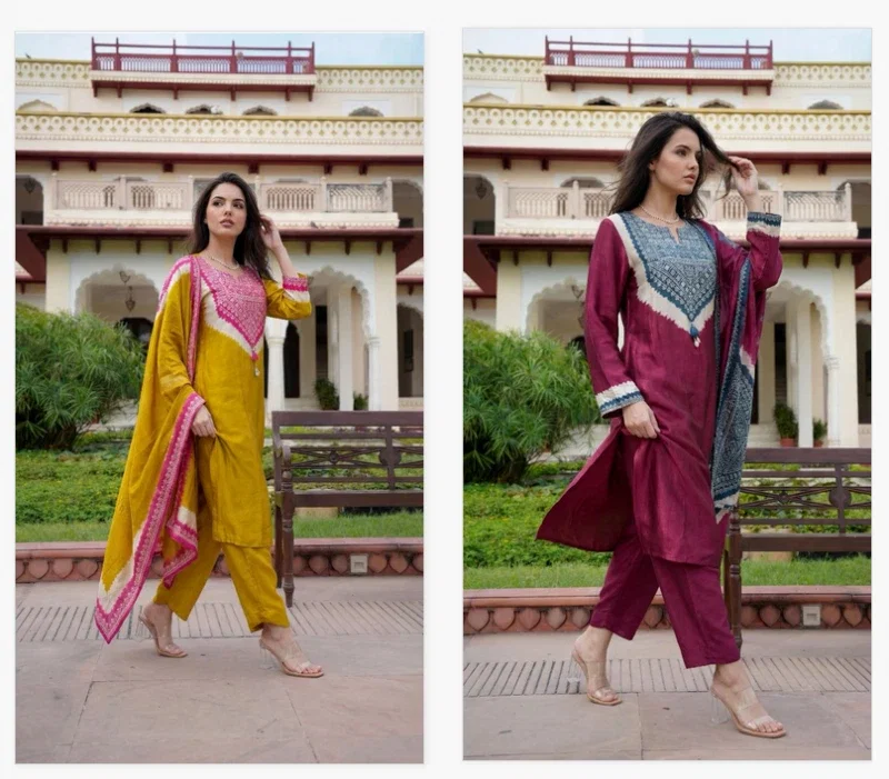 Naisha K 480 Gaji Silk Embroidery Work Kurti Pant And Dupatta