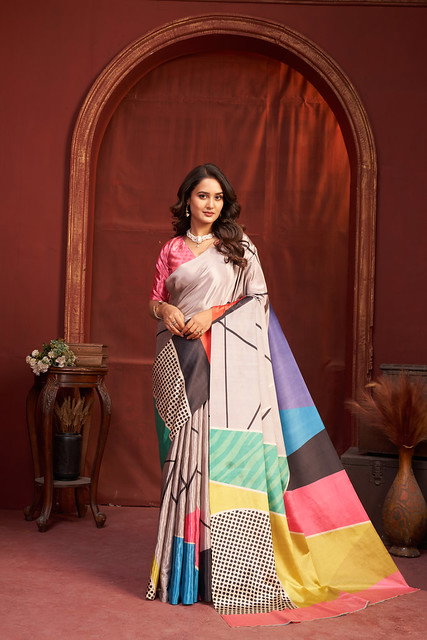 SJ Coral  Abstract Printed Faux Crepe Festival Saree Collection