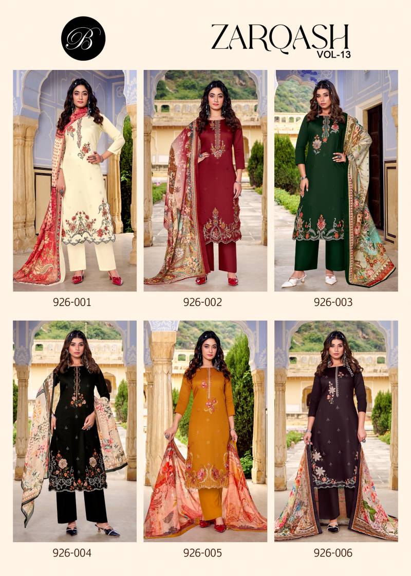 Belliza Zarqash Vol 13 Jam With Embroidery Work Dress Material
