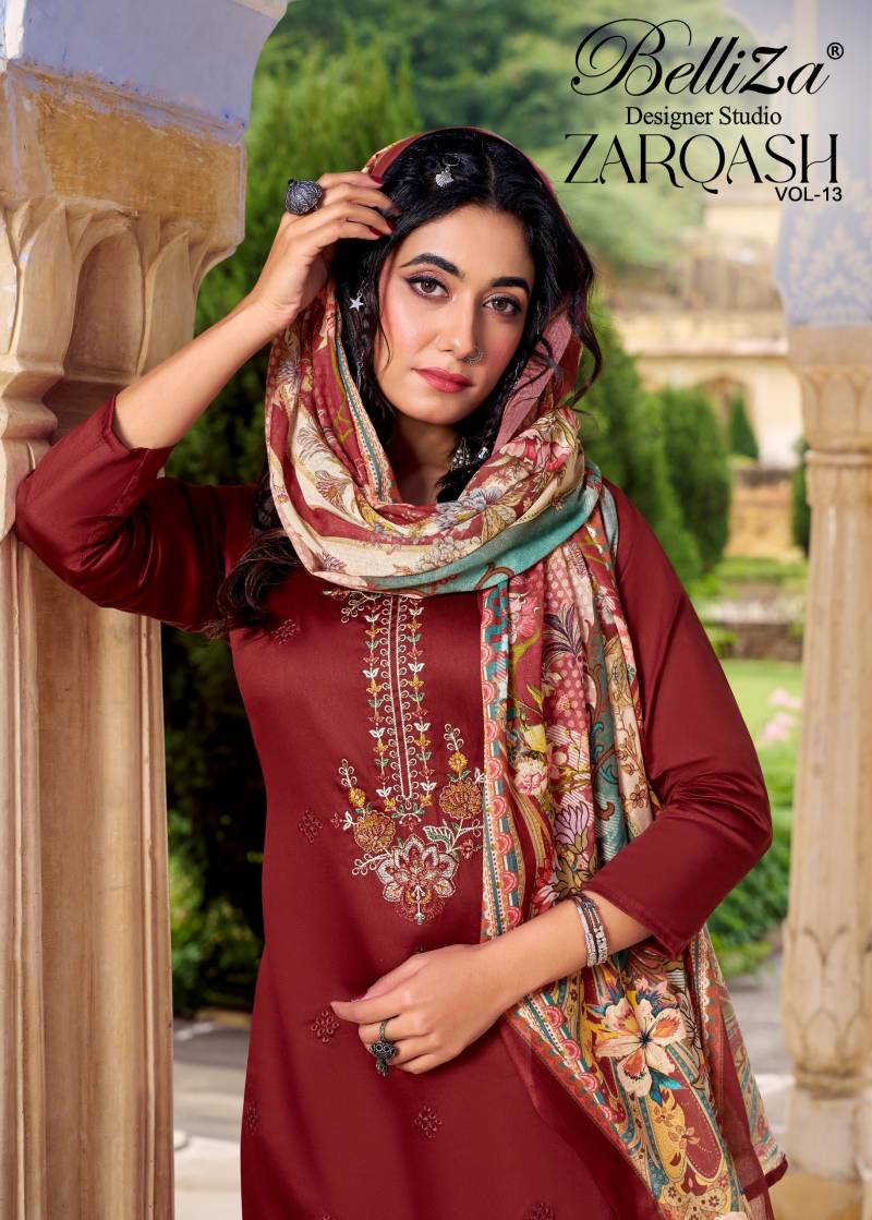 Belliza Zarqash Vol 13 Jam With Embroidery Work Dress Material