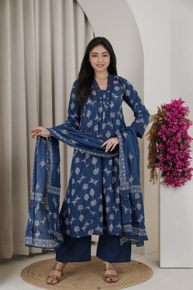 Naisha K 482 Jaipuri Cotton Mirror Work A Line Kurti Pant And Dupatta