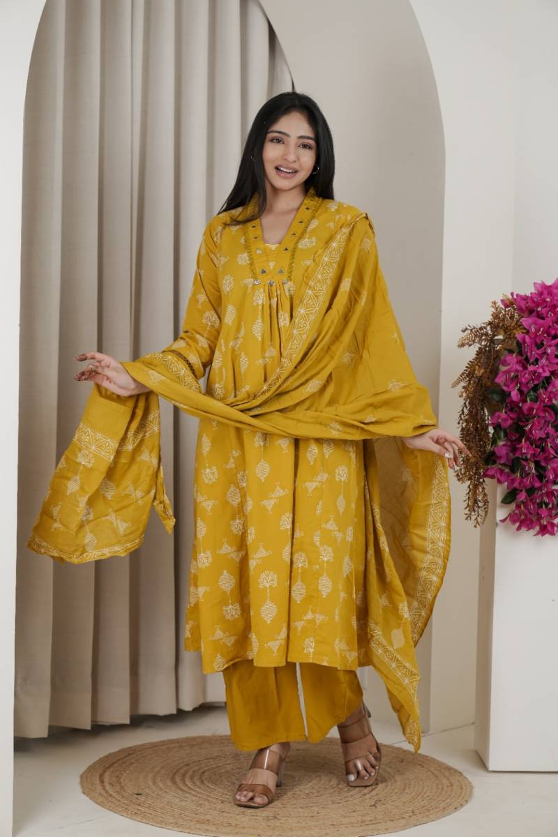 Naisha K 482 Jaipuri Cotton Mirror Work A Line Kurti Pant And Dupatta