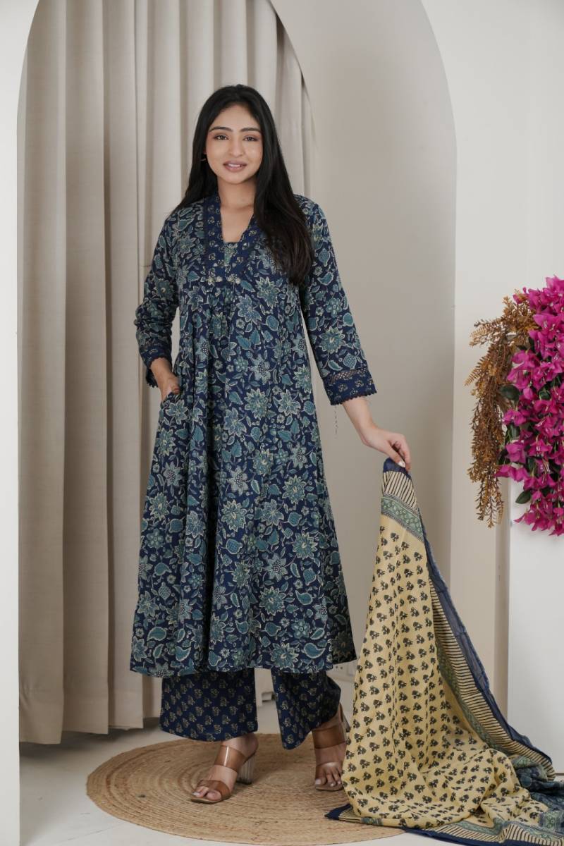 Naisha K 482 Jaipuri Cotton Mirror Work A Line Kurti Pant And Dupatta