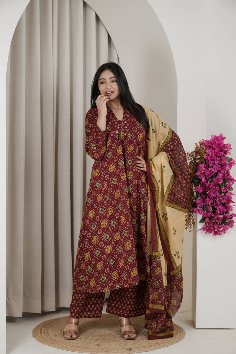Naisha K 482 Jaipuri Cotton Mirror Work A Line Kurti Pant And Dupatta
