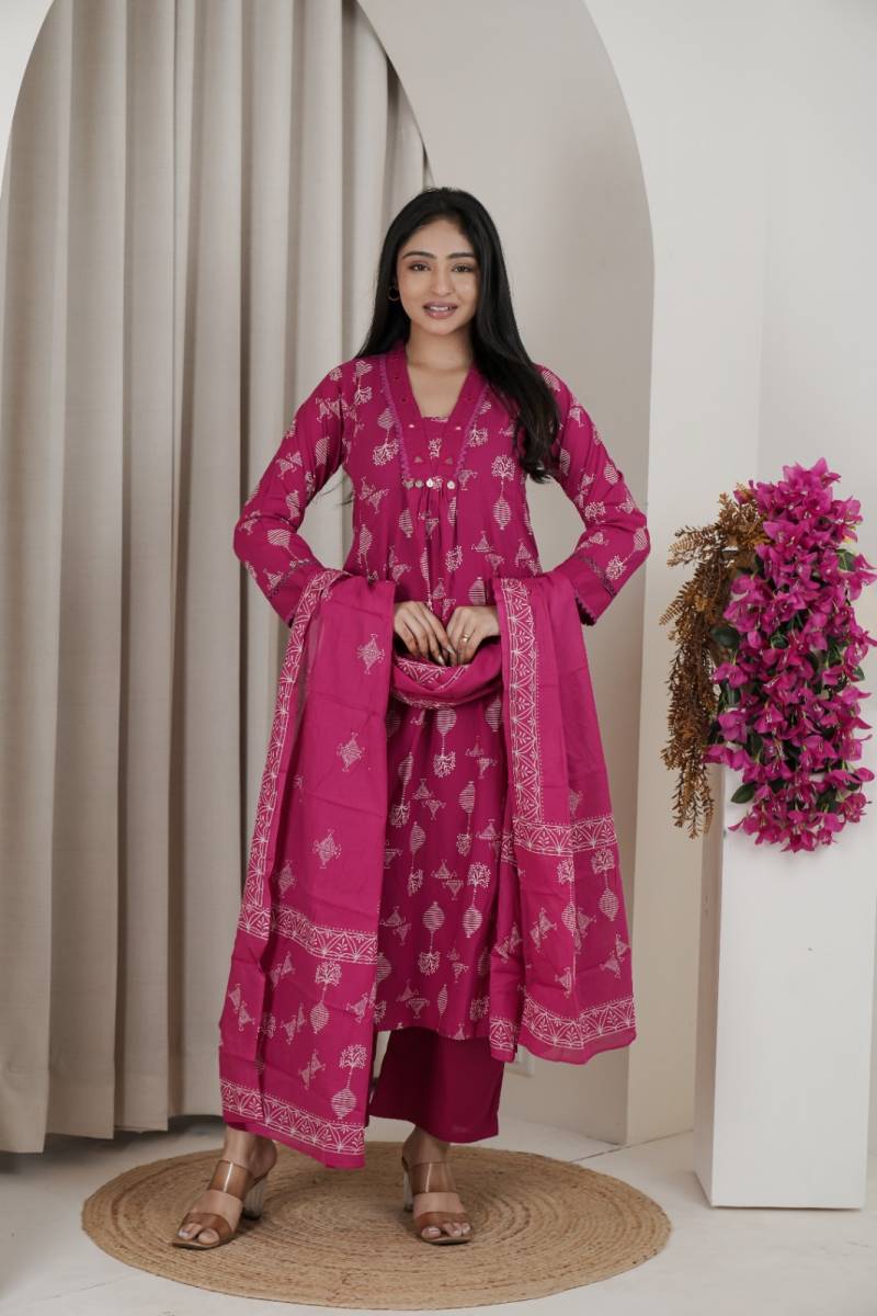 Naisha K 482 Jaipuri Cotton Mirror Work A Line Kurti Pant And Dupatta